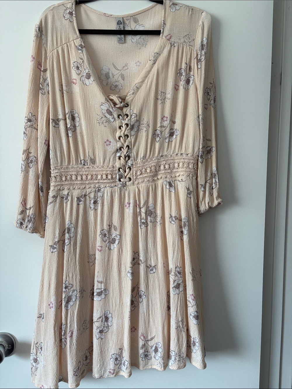 American Rag Cream Floral Lace-Up Long Sleeve Dress with Subtle Pink Accents